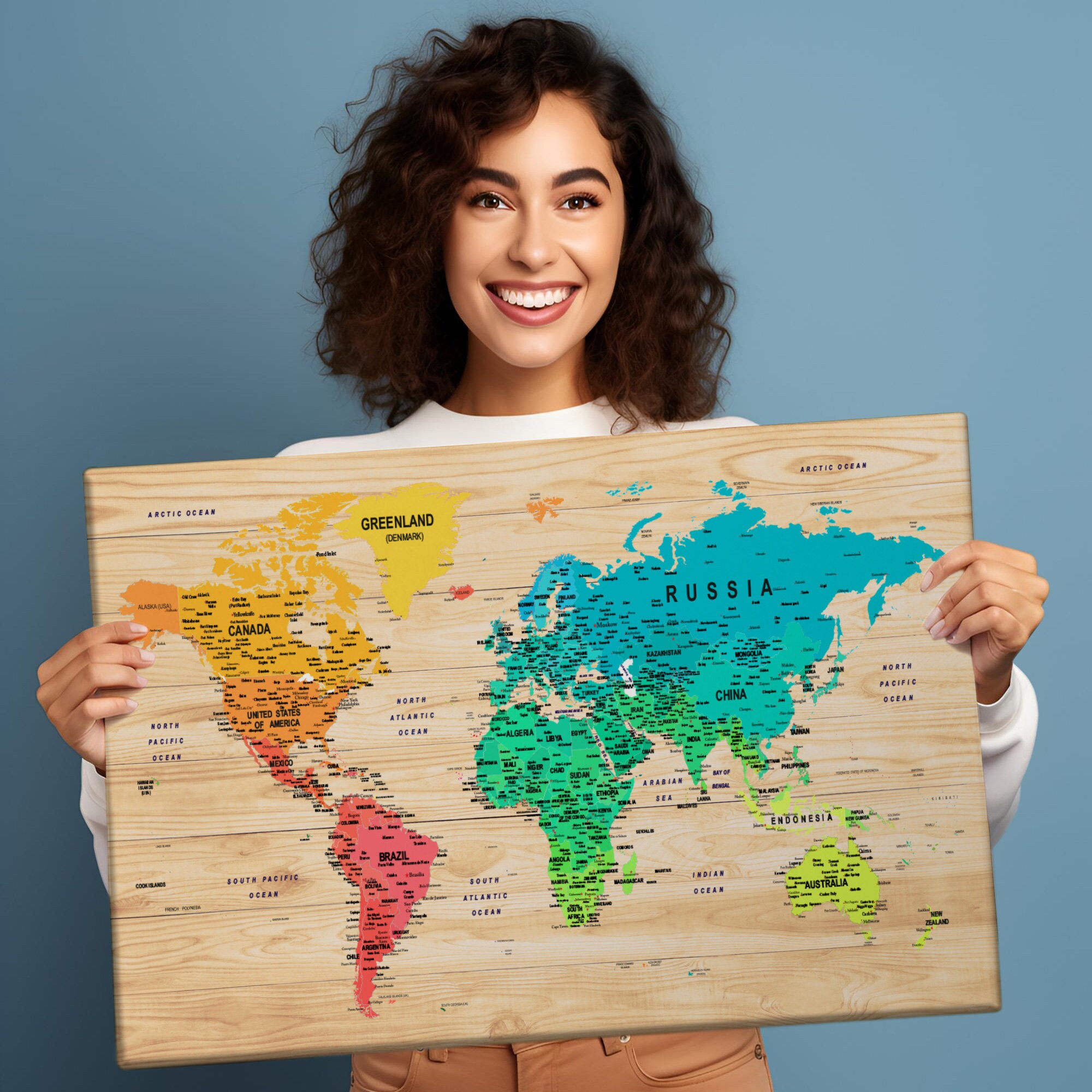 Colorful Wood World Map Painting, Personalized Canvas World Map Poster, Custom Colors, Political