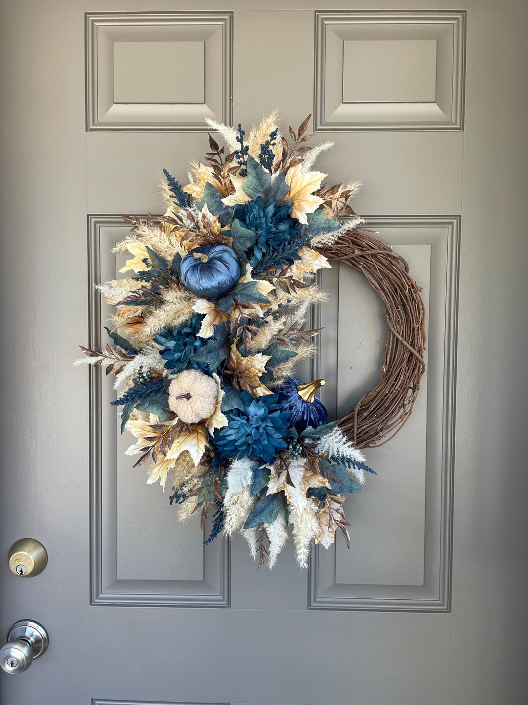 Dusty Blue Fall Grapevine Wreath, Blue Fall Decor, Blue and Tan Fall Wreath, Blue Pumpkin Wreath ...