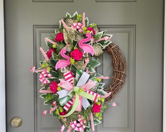 Summer flamingo grapevine wreath: hot pink and lime green