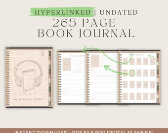 May include: A digital planner with a brown and beige cover featuring a drawing of headphones and a book. The cover text reads "The Audiobook Journal". The planner is 265 pages and includes a weekly log, a monthly log, and a book tracker.