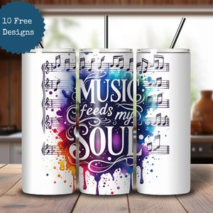 Tumbler avvolgente Music Feeds My Soul, note musicali colorate ad acquerello in formato PNG per tumbler sottile da 20 once