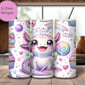 Kawaii Axolotl Tumbler Wrap PNG - Süßer rosa Axolotl mit Süßigkeiten Design für 20oz Skinny Tumbler Tumbler - Sublimation druckbar, digitaler Download