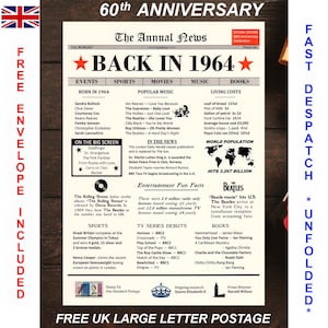 Idea de regalo para el 60.° aniversario de bodas de diamante, 60 años de casados en 1964, regalo, decoración de pared, decoración de mesa y fiesta, póster de noticias en cartulina de color marfil