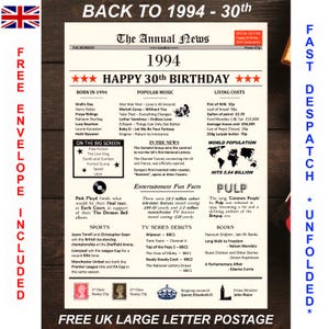 30e gelukkige verjaardag cadeau-idee, geboren in 1994, 30 jaar geleden leuk leescadeau, wanddecoratie, tafel- en feestdecor, nieuwsposter op ivoren kaart