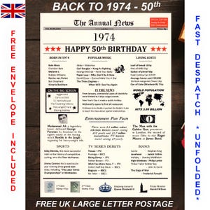 50e gelukkige verjaardag cadeau-idee, geboren in 1974, 50 jaar geleden leuk leescadeau, wanddecoratie, tafel- en feestdecor, nieuwsposter op ivoren kaart