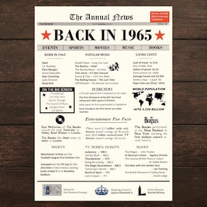 Idea de regalo para el 60.º aniversario de bodas de diamante, 60 años de casados en 1965, presente, decoración de pared, decoración de mesa y fiesta, póster de noticias, tarjeta de recuerdo