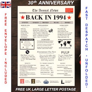 Cadeau-idee 30e parelhuwelijk, 30 jaar getrouwd in 1994, heden, wanddecoratie, tafel- en feestdecor, nieuwsposter op ivoren kaart
