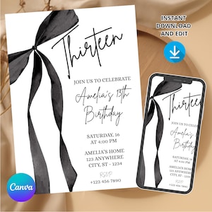 May include: A white birthday invitation card and a smartphone screen displaying the same design, featuring a black watercolor ribbon graphic and black text that reads Thirteen, Join us to celebrate Amelia's 13th Birthday, Saturday, 16 at 4:00 PM.