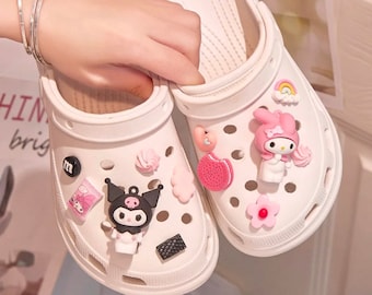 10pc set sanrio crocs shoe charm diy mymelody, kuromi, and cinnamoroll jibbits