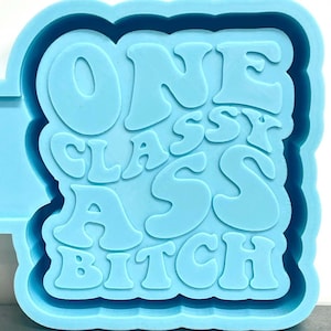 May include: A light blue silicone mold with the words "ONE CLASSY ASS BITCH" in a bold, bubble-style font. The text is layered within a contoured shape, creating a 3D effect. The mold is designed for crafting.