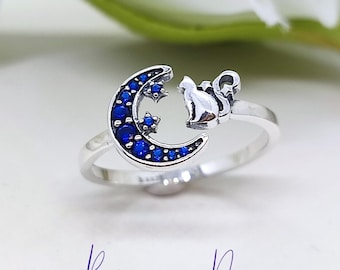 Sterling Silver Cat and Moon Ring Blue Gemstones, Celestial Animal Jewelry