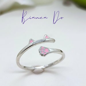 Sterling Silver Pink Cat Ears Ring - Adjustable Paw Jewelry