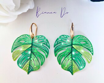 Handmade Monstera Leaf Earrings: Colorful Enamel, Gold Plated Hooks