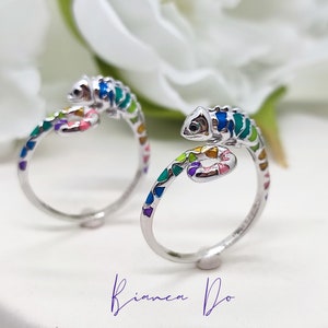 Sterling Silver Chameleon Ring: Colorful Animal Jewelry, Adjustable Statement Ring