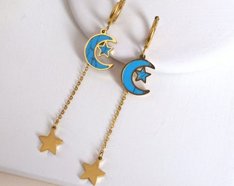 Crescent Moon Star Drop Earrings: Golden Celestial Jewelry