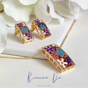 Floral Unique Enamel SET of Earrings and Necklace | Birthday Gift Ideas | Mother&#39;s Day Gift
