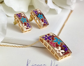 Floral Enamel Jewelry Set: Gold Plated Stainless Steel Necklace and Earrings