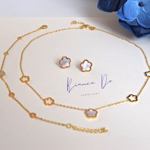 Gold Flower Jewelry Set: Stainless Steel Earrings, Necklace & Bracelet