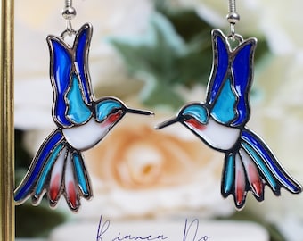Silver Hummingbird Drop Earrings Bird Earrings Hummingbird Jewelry Unique Cute Earrings Nature Inspired Resin Jewellery
