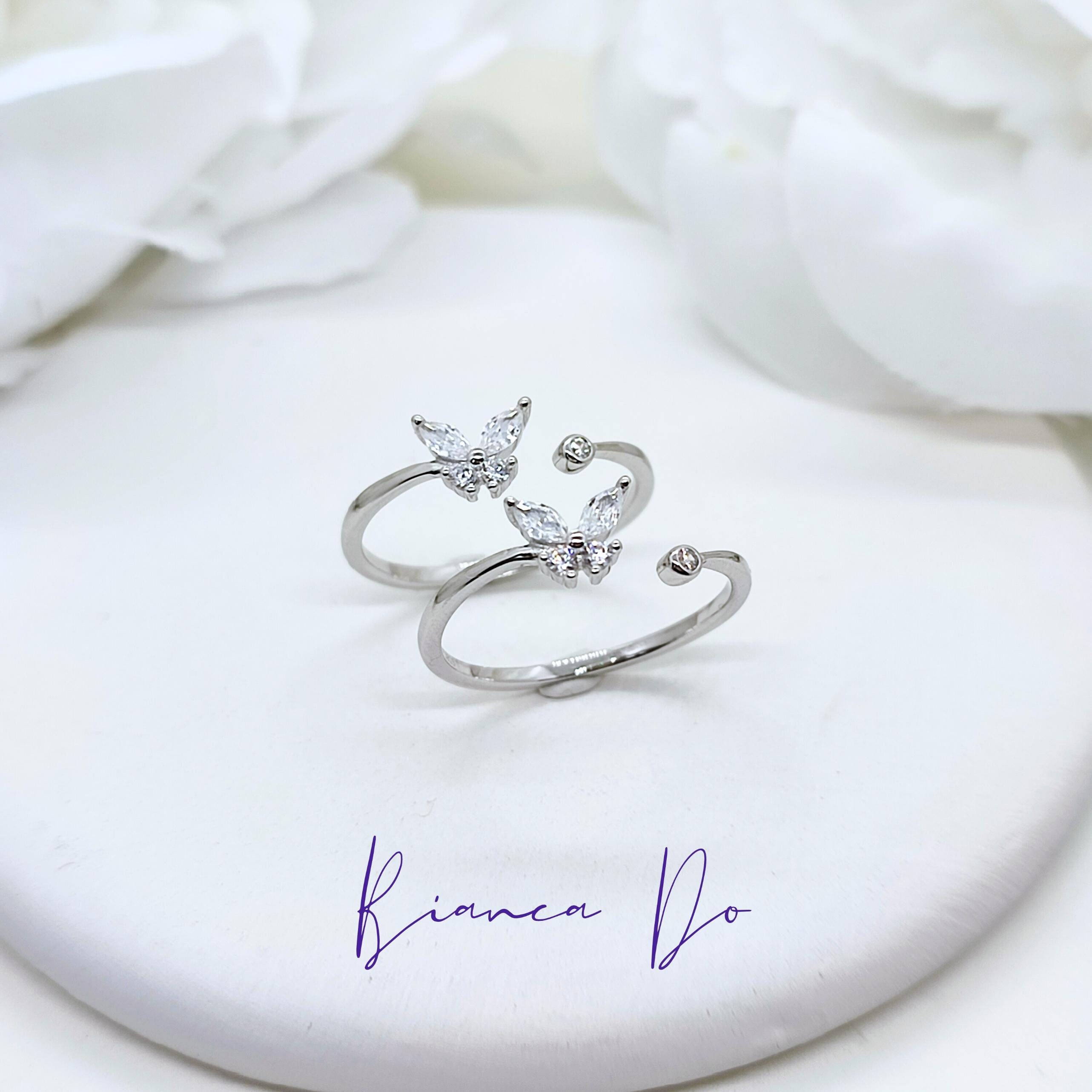 Sterling Silver Butterfly Adjustable Ring with Cubic Zirconia, Minimalist Whimsical Jewelry