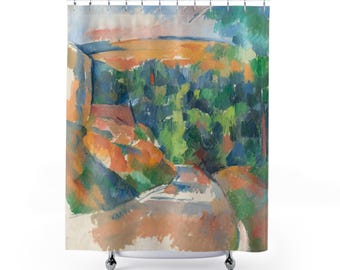 May include: Shower curtain with a landscape painting in orange, green, blue, and beige. The artwork shows a hillside with trees and a road, with impressionistic brushstrokes and colour variations.