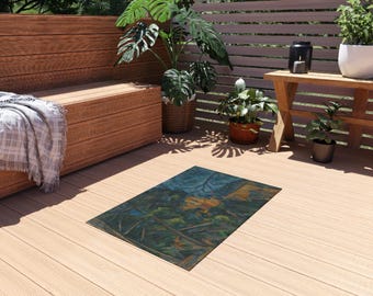 Landscape Painting Outdoor Rug | Vintage Villa Among Trees, Blue Green Art