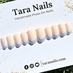 Glitter French Tips Press on Nails, French Press ons, Glitter Nail Design, Glitter Press on Nails, Gray French Tip Nails, Sparkly Press ons