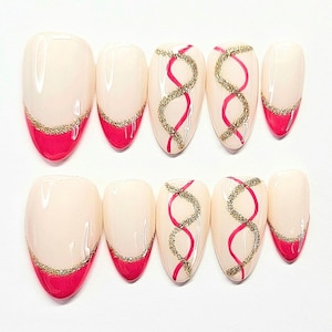 Pink Press on Nails, Nails, Gold Glitter, Fake Nails, French Nails, Handmade, Nails Press On, Nails Set,