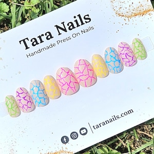 Rainbow Crackle Press On Nails | Bright Gel Nails | Colorful Summer Nails | Handmade Nail Art | Cute