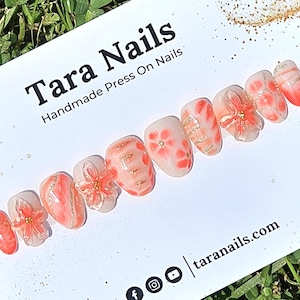 Coral Floral Press On Nails | Handmade 3D Flower Nail Set | Summer Press On Nails | Reusable Fake Nails | Tropical Nail Art