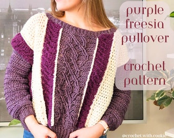 DIGITAL Purple Freesia Pullover Crochet Pattern, Crochet Sweater Pattern, Instant Download, Beginner Crochet Pattern, Wearable Project, PDF