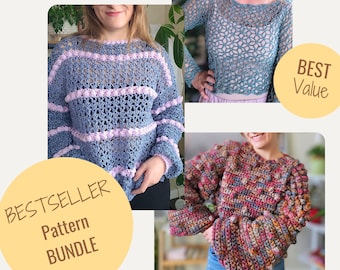 May include: A bundle of three crochet sweater patterns. The patterns include a blue and purple striped sweater, a blue crochet sweater with a lacy design, and a multi-colored crochet sweater with bobbles. The text "BESTSELLER Pattern BUNDLE" is on a yellow circle.