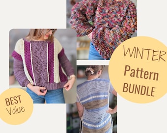 May include: A bundle of three crochet patterns for winter wear. The patterns include a purple and white striped sweater, a blue and brown striped vest, and a multi-colored sweater with bobbles. The text "WINTER Pattern BUNDLE" is displayed on a yellow background.