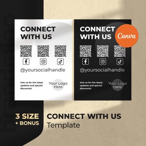 Plantilla de Canva "Conéctate con nosotros", tarjeta de contacto minimalista moderna en blanco y negro, código QR para pequeñas empresas, plantilla de señalización para redes sociales