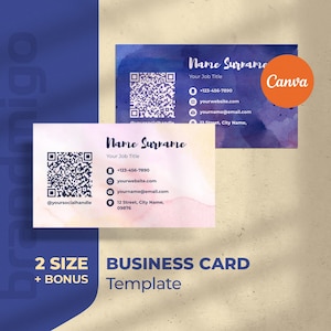 Aquarell Visitenkarte Canva Vorlage, bearbeitbare künstlerische Visitenkarte, doppelseitig bemaltes Kartendesign, DIY QR-Code Visitenkarte