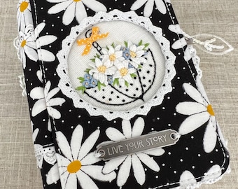 Hand Embroidered Daisy Journal, Handmade Cotton Fabric Hardcover A6 Notebook