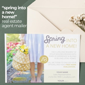Carte postale immobilière, pendaison de crémaillère de printemps, publipostage immobilier, carte postale personnalisée, modèle immobilier, marché de printemps, le printemps dans une nouvelle maison