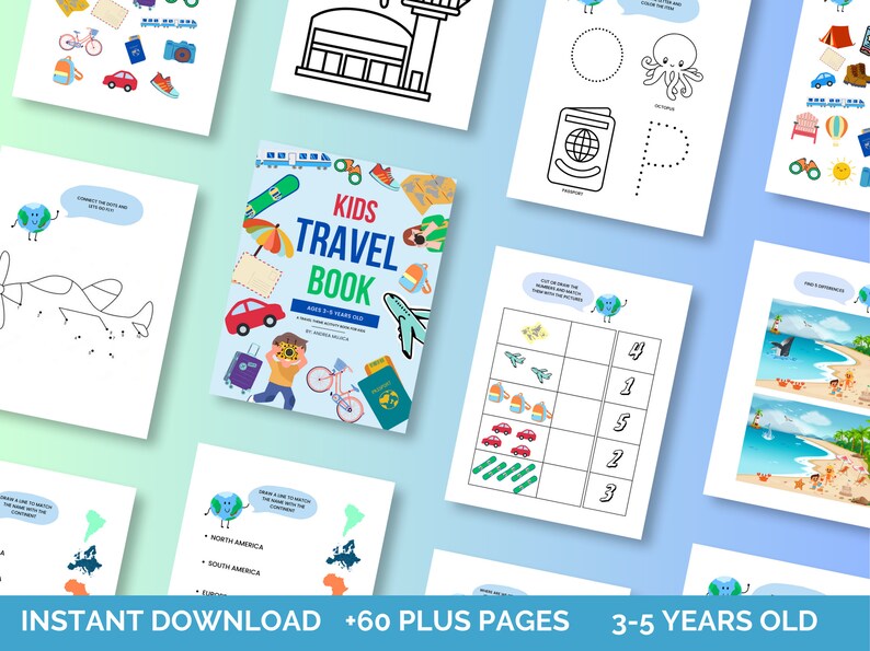 Peut inclure: Un livre d'activit&eacute;s imprimable color&eacute; pour les enfants de 3 &agrave; 5 ans. Le livre propose une vari&eacute;t&eacute; d'activit&eacute;s sur le th&egrave;me du voyage, notamment des points &agrave; relier, des comptages, des correspondances et des coloriages. La couverture du livre pr&eacute;sente un avion bleu, une voiture rouge, une valise et un passeport.