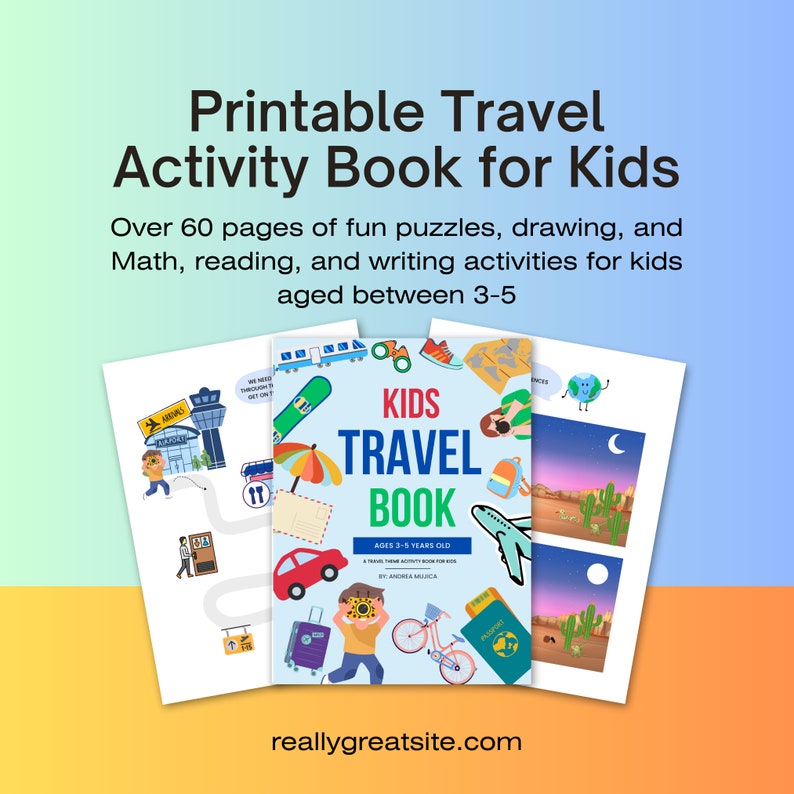 Peut inclure: Un livre d'activit&eacute;s de voyage imprimable color&eacute; pour les enfants de 3 &agrave; 5 ans. La couverture pr&eacute;sente un enfant avec un appareil photo, une valise, un v&eacute;lo et un avion. Le livre comprend plus de 60 pages de puzzles amusants, de dessins, de math&eacute;matiques, de lecture et d'&eacute;criture.