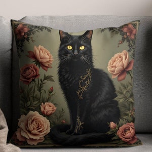 Black Cat with Roses Pillow, Gothic Cat Throw Pillow, Vintage Floral Accent Pillow, Cat Lover Gift, Unique Home Decor
