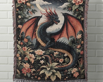 Dragon Garden Woven Blanket: Floral Moonlit Mystical Decor