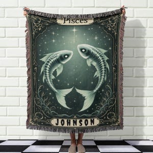 Pisces Zodiac Blanket, Custom Name Woven Personalized Pisces Throw, Unique Astrology Gift, Star Sign Blanket, Customizable Birthdate Decor