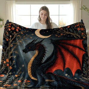 Fantasy Dragon Blanket, Black Red Dragon Tapestry, Dragon Lover Gift, Cozy Blanket for Sofa or Bed, Dragon Decor Bedding