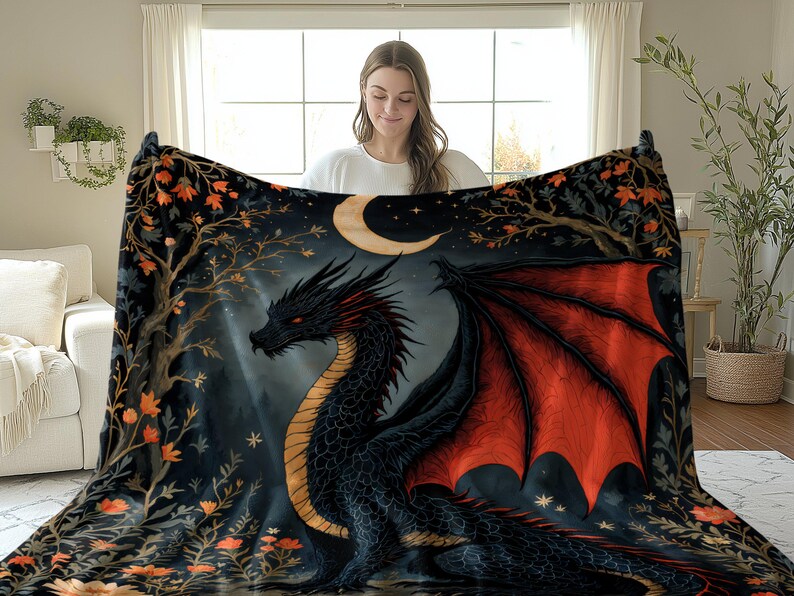 Fantasy Dragon Blanket, Black Red Dragon Tapestry, Dragon Lover Gift, Cozy Blanket for Sofa or Bed, Dragon Decor Bedding