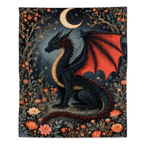 Dragon Art Blanket, Mythical Creature Decor, Dark Fantasy Bedding, Dragon Illustration Tapestry, Moonlit Night Throws