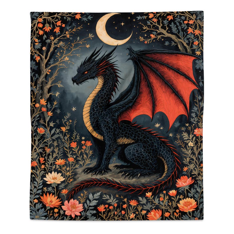 Dragon Art Blanket, Mythical Creature Decor, Dark Fantasy Bedding, Dragon Illustration Tapestry, Moonlit Night Throws