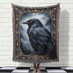 Geweven deken raven, gotisch kraaiontwerp, zwarte raaf gezellige plaid, raven- en stormkunstdeken, uniek cadeau-idee