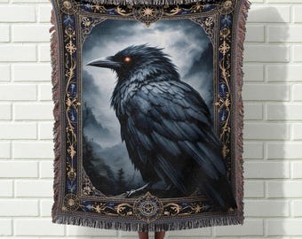 Gothic Raven Woven Blanket, Black Crow Art Throw