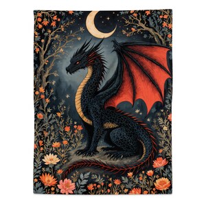 Dragon Art Tapestry, Fantasy Wall Hanging, Mystical Home Decor, Dark Dragon with Red Wings, Nature and Moon, Unique Gift Idea