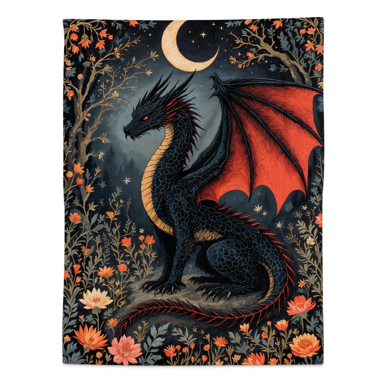 Dragon Art Tapestry, Fantasy Wall Hanging, Mystical Home Decor, Dark Dragon with Red Wings, Nature and Moon, Unique Gift Idea